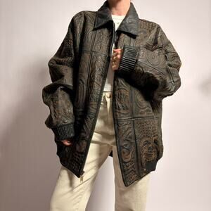 Signature Gold Embroidery Leather Bomber - Fits Men's XL